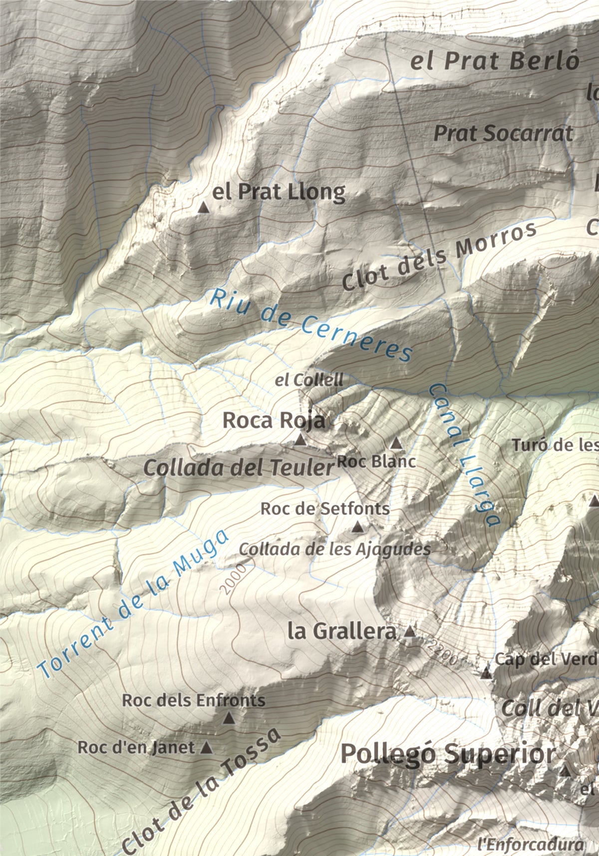 Mapa de relieve de Pollegó Inferior (Pedraforca), 2445 m, Berguedà, lámina 100 Cims de Trobart. Detalle de la zona superior izquierda. 21 × 30 cm.