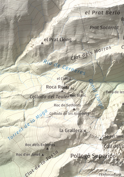 Mapa de relieve de Pollegó Inferior (Pedraforca), 2445 m, Berguedà, lámina 100 Cims de Trobart. Detalle de la zona superior izquierda. 21 × 30 cm.