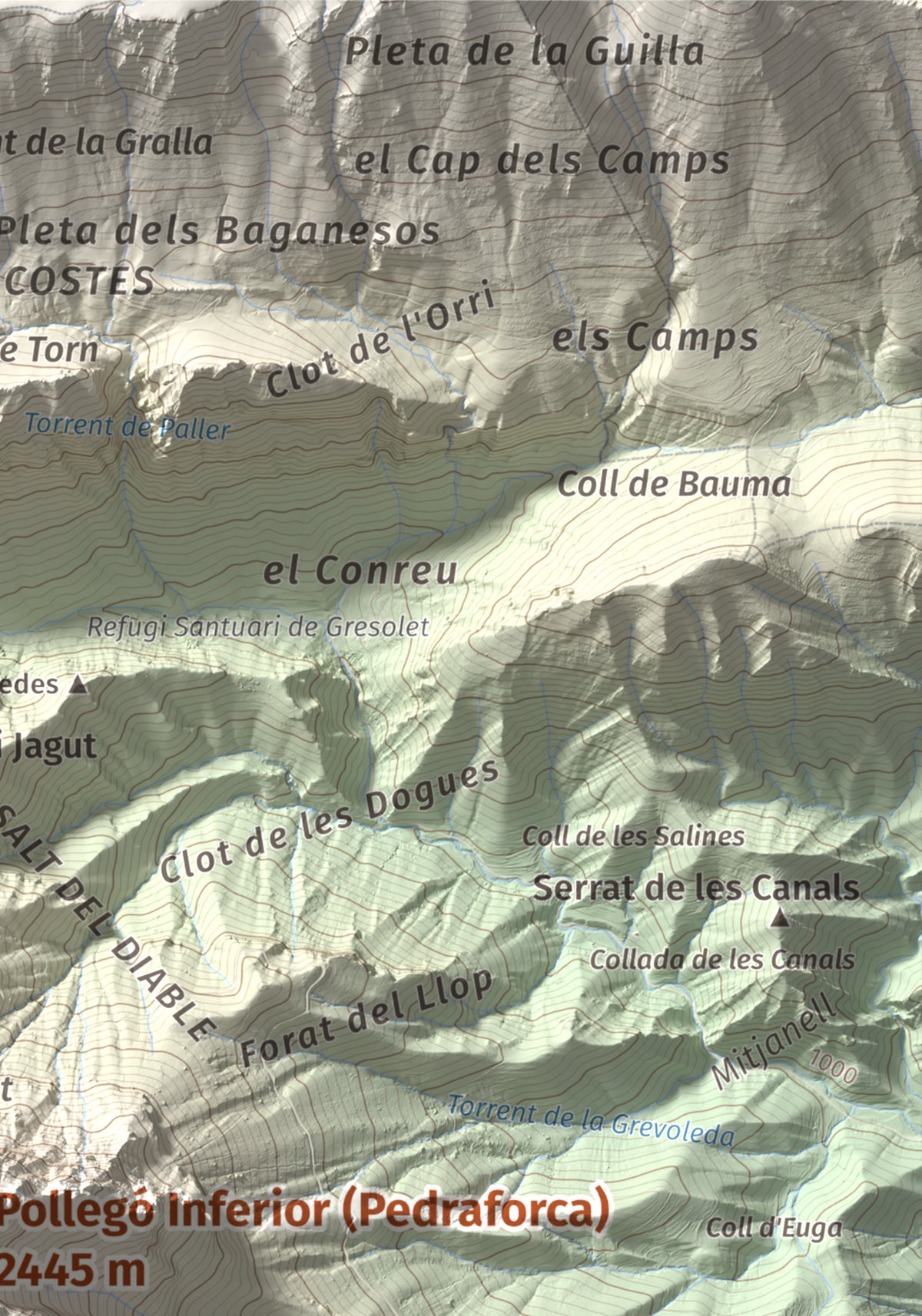 Mapa de relieve de Pollegó Inferior (Pedraforca), 2445 m, Berguedà, lámina 100 Cims de Trobart. Detalle de la zona superior derecha. 21 × 30 cm.