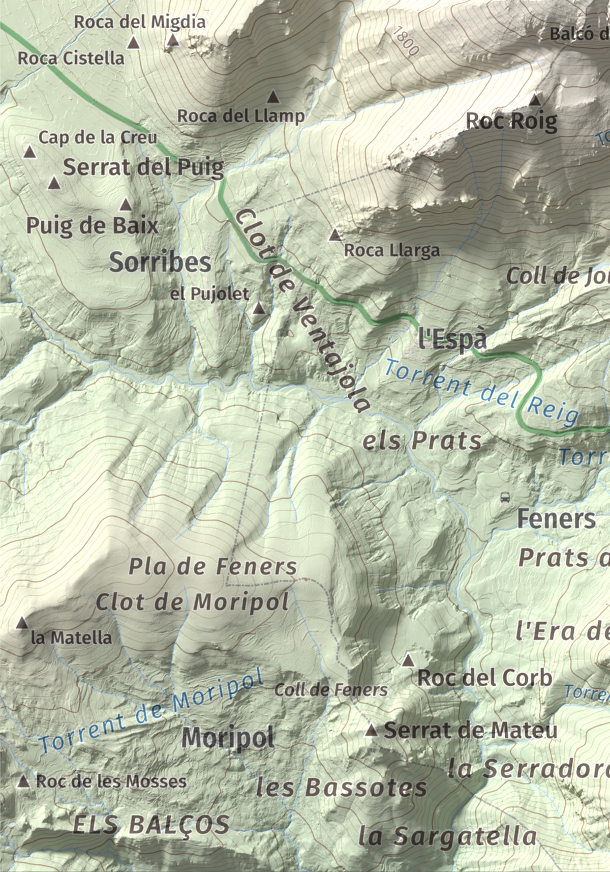 Mapa de relieve de Pollegó Inferior (Pedraforca), 2445 m, Berguedà, lámina 100 Cims de Trobart. Detalle de la zona inferior izquierda. 21 × 30 cm.