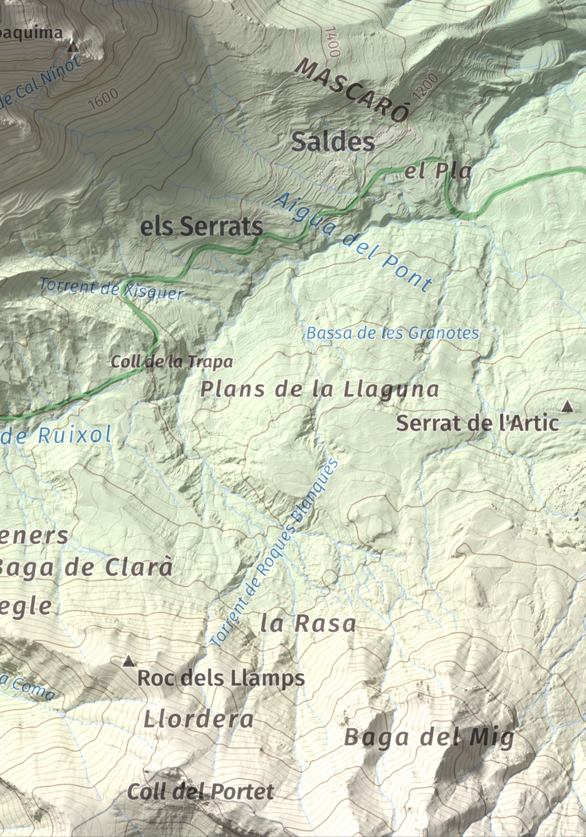 Mapa de relieve de Pollegó Inferior (Pedraforca), 2445 m, Berguedà, lámina 100 Cims de Trobart. Detalle de la zona inferior derecha. 21 × 30 cm.