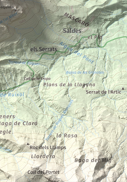Mapa de relieve de Pollegó Inferior (Pedraforca), 2445 m, Berguedà, lámina 100 Cims de Trobart. Detalle de la zona inferior derecha. 21 × 30 cm.