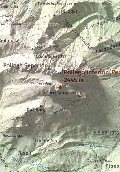 Mapa de relieve de Pollegó Inferior (Pedraforca), 2445 m, Berguedà, lámina 100 Cims de Trobart. Detalle de la zona central. 21 × 30 cm.