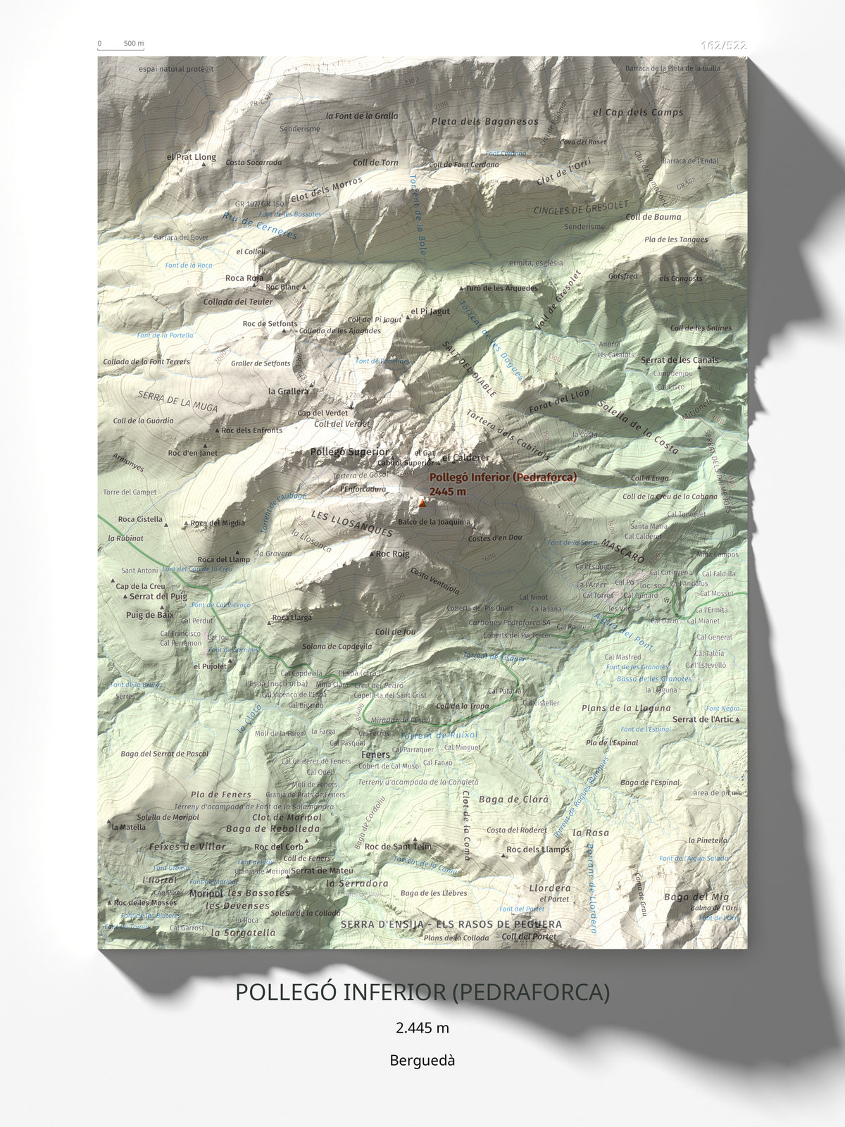 Mapa de relieve de Pollegó Inferior (Pedraforca), 2445 m, Berguedà, lámina 100 Cims de Trobart 30 × 40 cm.