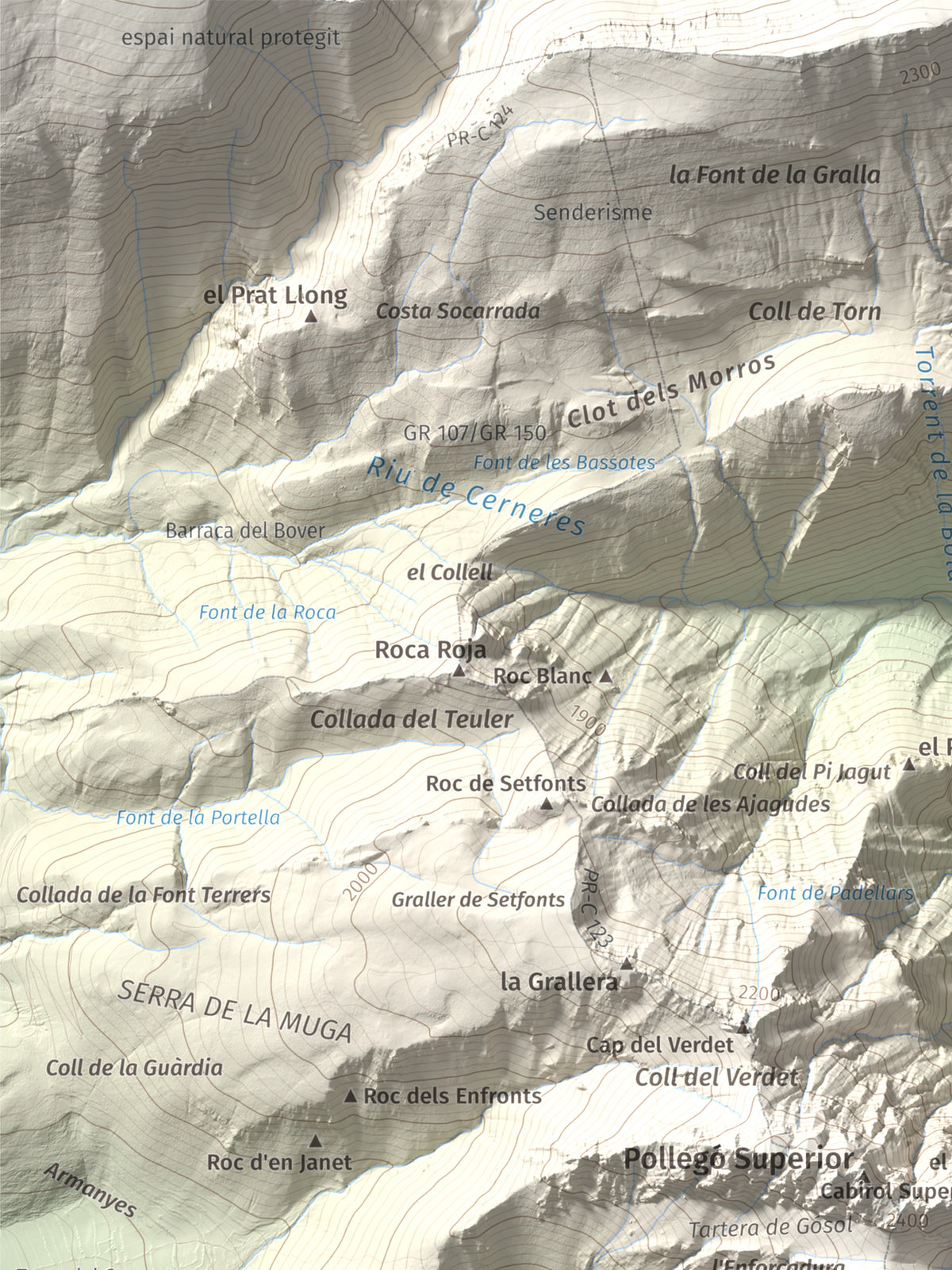 Mapa de relieve de Pollegó Inferior (Pedraforca), 2445 m, Berguedà, lámina 100 Cims de Trobart. Detalle de la zona superior izquierda. 30 × 40 cm.