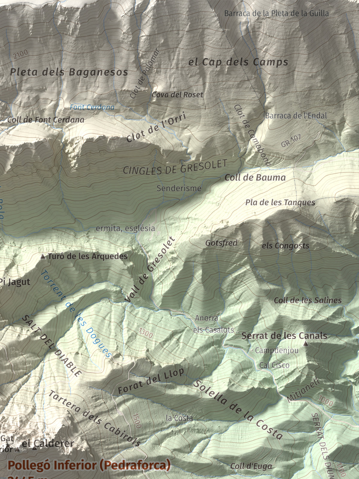 Mapa de relieve de Pollegó Inferior (Pedraforca), 2445 m, Berguedà, lámina 100 Cims de Trobart. Detalle de la zona superior derecha. 30 × 40 cm.