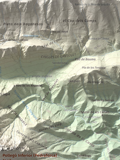 Mapa de relieve de Pollegó Inferior (Pedraforca), 2445 m, Berguedà, lámina 100 Cims de Trobart. Detalle de la zona superior derecha. 30 × 40 cm.