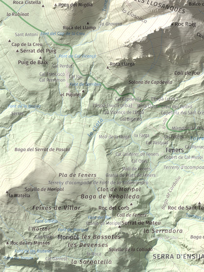 Mapa de relieve de Pollegó Inferior (Pedraforca), 2445 m, Berguedà, lámina 100 Cims de Trobart. Detalle de la zona inferior izquierda. 30 × 40 cm.