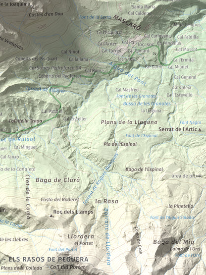 Mapa de relieve de Pollegó Inferior (Pedraforca), 2445 m, Berguedà, lámina 100 Cims de Trobart. Detalle de la zona inferior derecha. 30 × 40 cm.