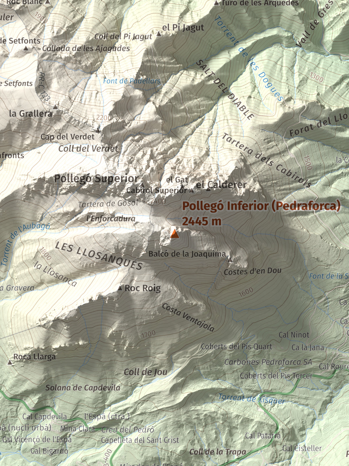 Mapa de relieve de Pollegó Inferior (Pedraforca), 2445 m, Berguedà, lámina 100 Cims de Trobart. Detalle de la zona central. 30 × 40 cm.