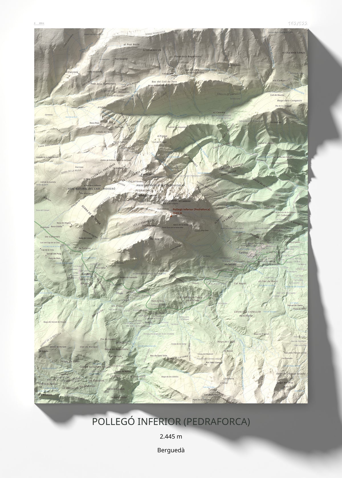 Mapa de relieve de Pollegó Inferior (Pedraforca), 2445 m, Berguedà, lámina 100 Cims de Trobart 50 × 70 cm.