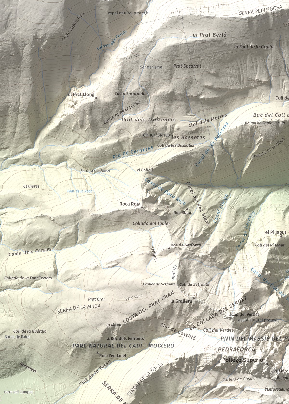 Mapa de relieve de Pollegó Inferior (Pedraforca), 2445 m, Berguedà, lámina 100 Cims de Trobart. Detalle de la zona superior izquierda. 50 × 70 cm.