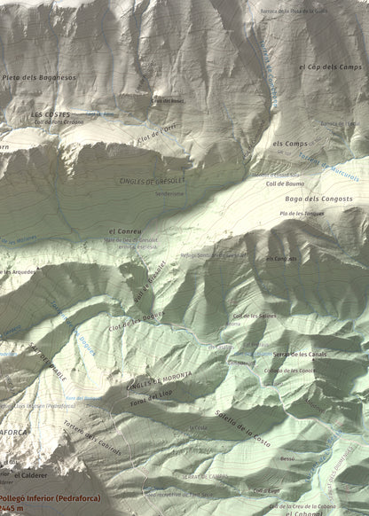 Mapa de relieve de Pollegó Inferior (Pedraforca), 2445 m, Berguedà, lámina 100 Cims de Trobart. Detalle de la zona superior derecha. 50 × 70 cm.