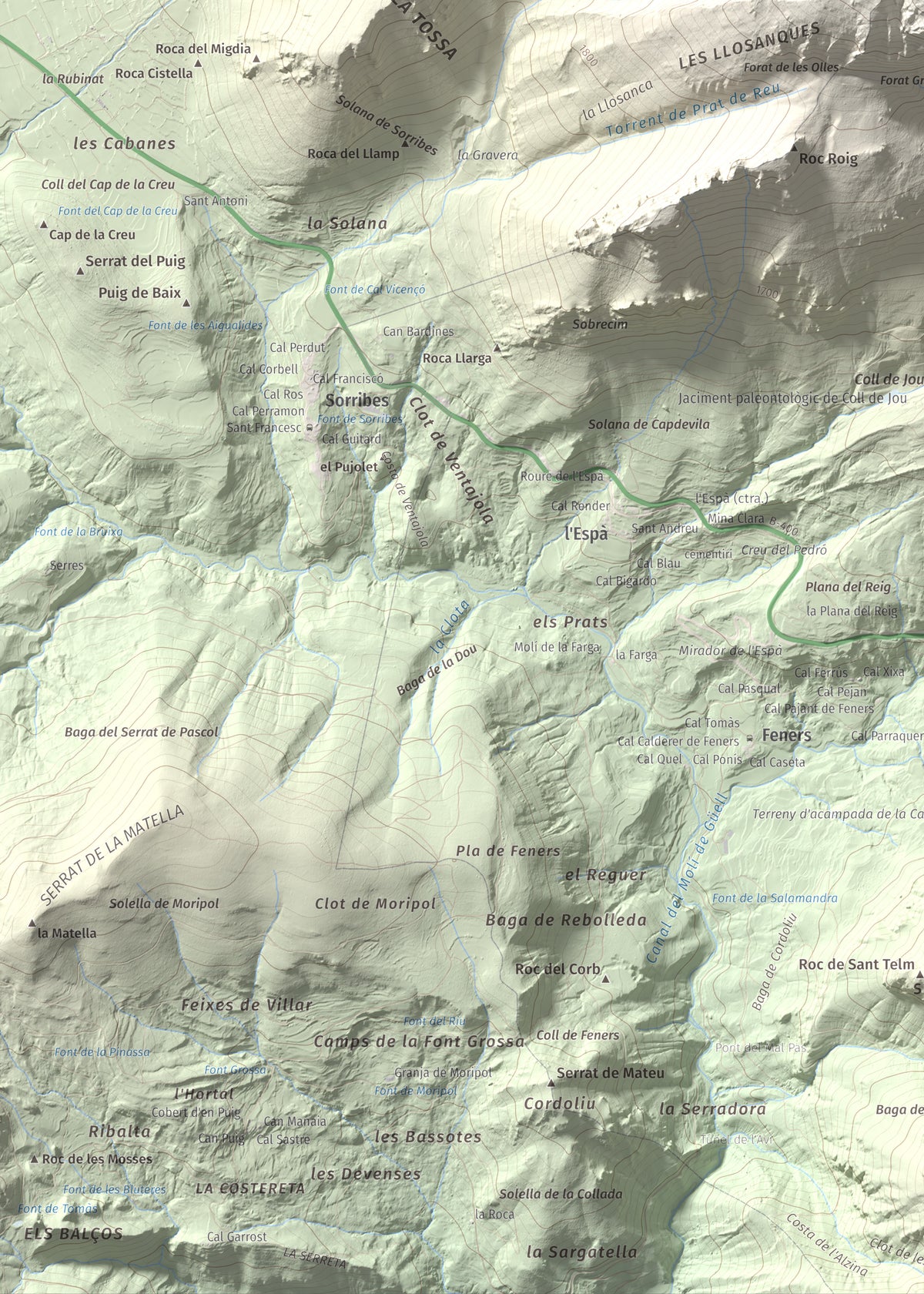 Mapa de relieve de Pollegó Inferior (Pedraforca), 2445 m, Berguedà, lámina 100 Cims de Trobart. Detalle de la zona inferior izquierda. 50 × 70 cm.