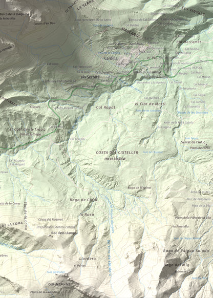 Mapa de relieve de Pollegó Inferior (Pedraforca), 2445 m, Berguedà, lámina 100 Cims de Trobart. Detalle de la zona inferior derecha. 50 × 70 cm.