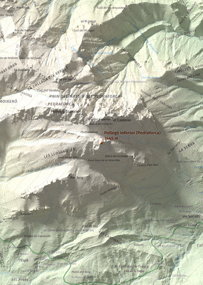 Mapa de relieve de Pollegó Inferior (Pedraforca), 2445 m, Berguedà, lámina 100 Cims de Trobart. Detalle de la zona central. 50 × 70 cm.