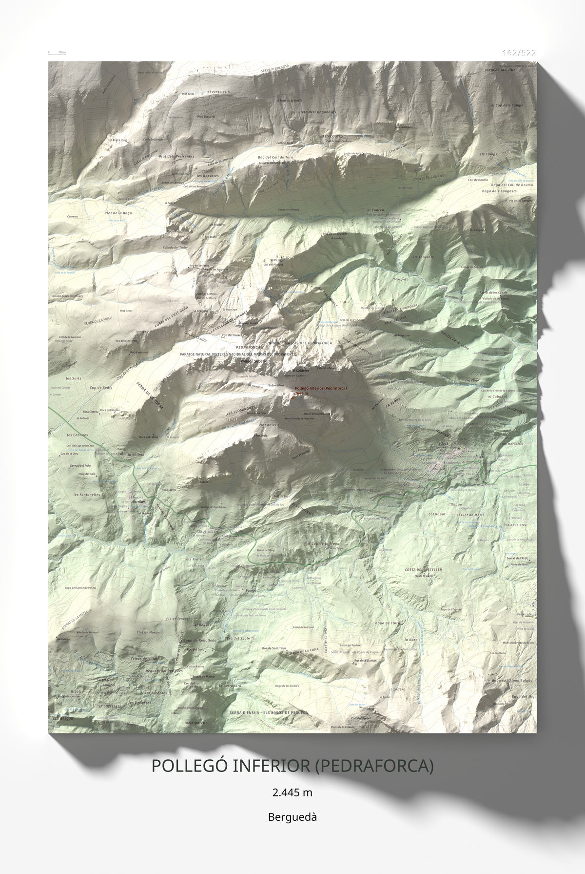 Mapa de relieve de Pollegó Inferior (Pedraforca), 2445 m, Berguedà, lámina 100 Cims de Trobart 61 × 91 cm.