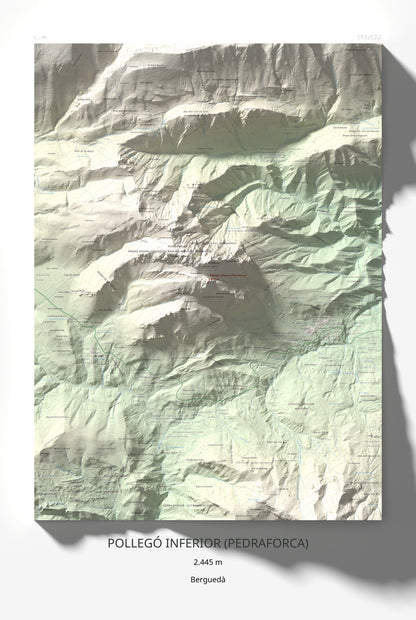 Mapa de relieve de Pollegó Inferior (Pedraforca), 2445 m, Berguedà, lámina 100 Cims de Trobart 61 × 91 cm.