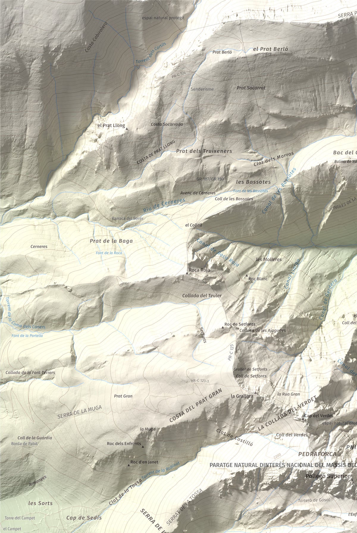 Mapa de relieve de Pollegó Inferior (Pedraforca), 2445 m, Berguedà, lámina 100 Cims de Trobart. Detalle de la zona superior izquierda. 61 × 91 cm.