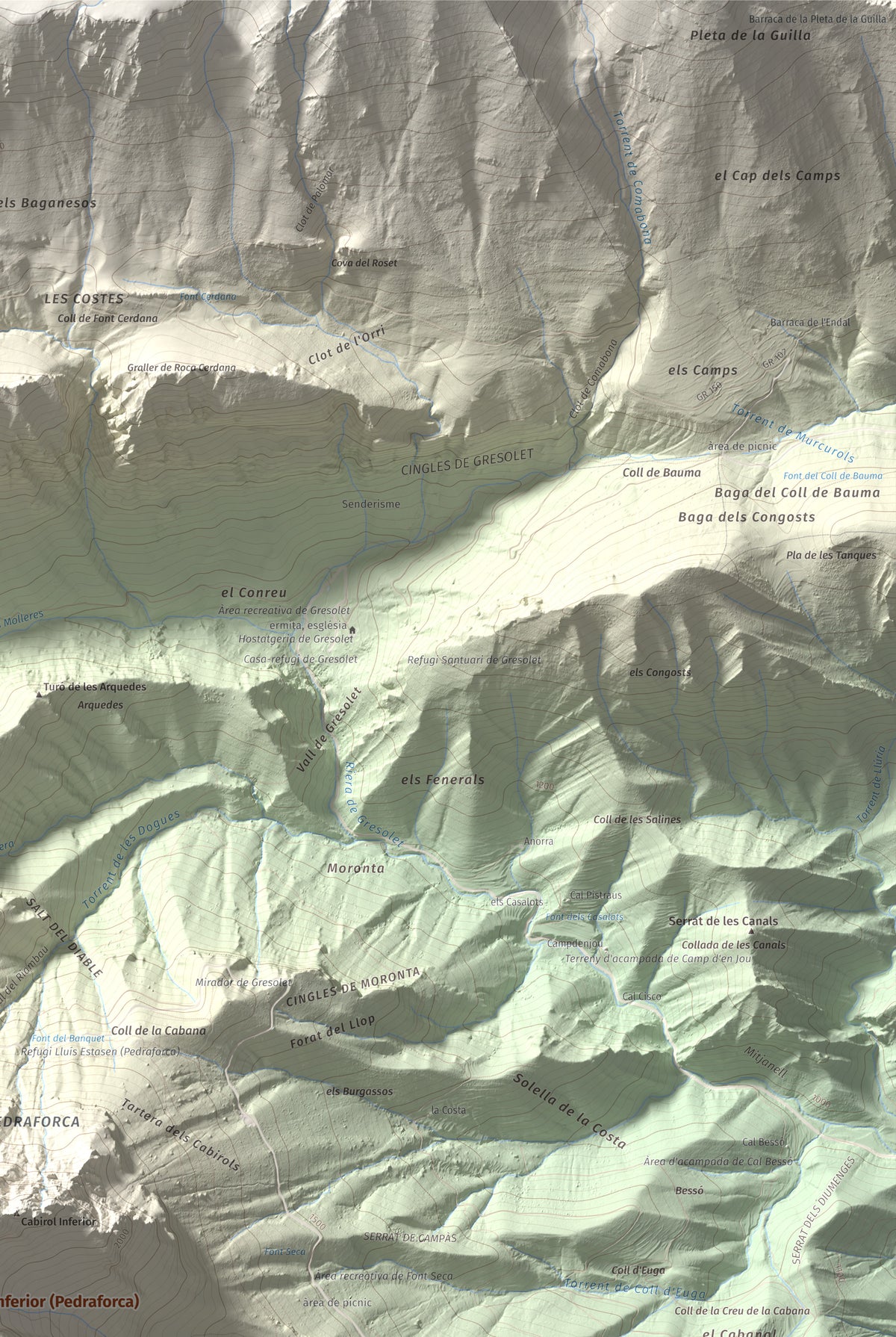 Mapa de relieve de Pollegó Inferior (Pedraforca), 2445 m, Berguedà, lámina 100 Cims de Trobart. Detalle de la zona superior derecha. 61 × 91 cm.