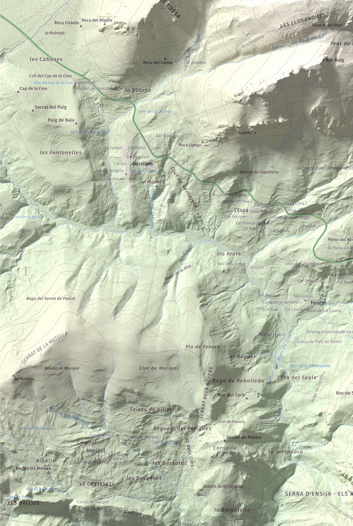 Mapa de relieve de Pollegó Inferior (Pedraforca), 2445 m, Berguedà, lámina 100 Cims de Trobart. Detalle de la zona inferior izquierda. 61 × 91 cm.