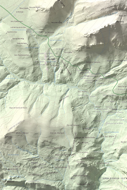 Mapa de relieve de Pollegó Inferior (Pedraforca), 2445 m, Berguedà, lámina 100 Cims de Trobart. Detalle de la zona inferior izquierda. 61 × 91 cm.