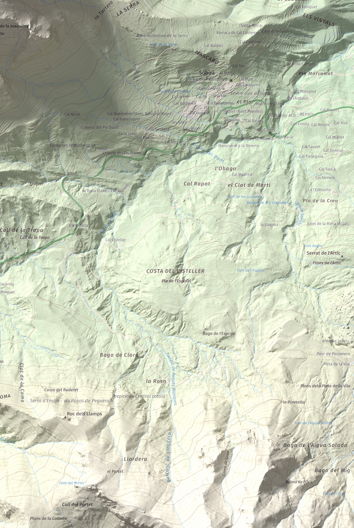 Mapa de relieve de Pollegó Inferior (Pedraforca), 2445 m, Berguedà, lámina 100 Cims de Trobart. Detalle de la zona inferior derecha. 61 × 91 cm.