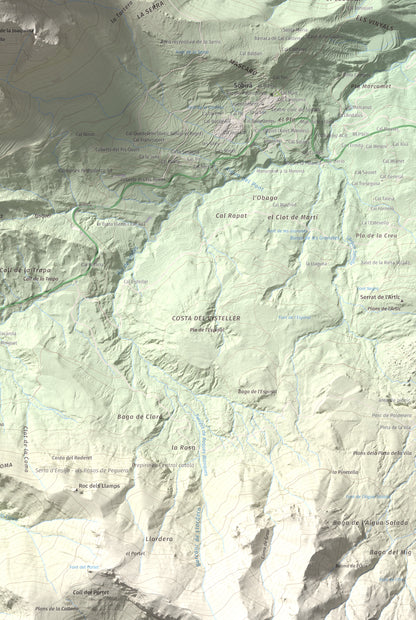 Mapa de relieve de Pollegó Inferior (Pedraforca), 2445 m, Berguedà, lámina 100 Cims de Trobart. Detalle de la zona inferior derecha. 61 × 91 cm.