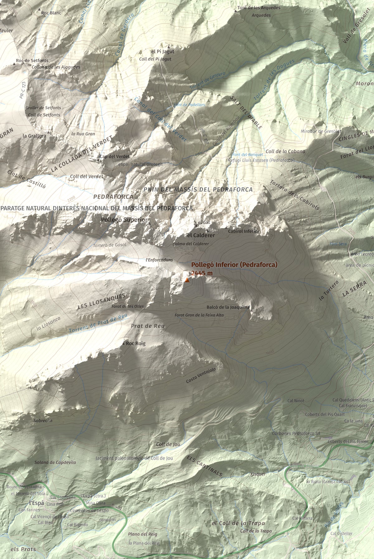 Mapa de relieve de Pollegó Inferior (Pedraforca), 2445 m, Berguedà, lámina 100 Cims de Trobart. Detalle de la zona central. 61 × 91 cm.