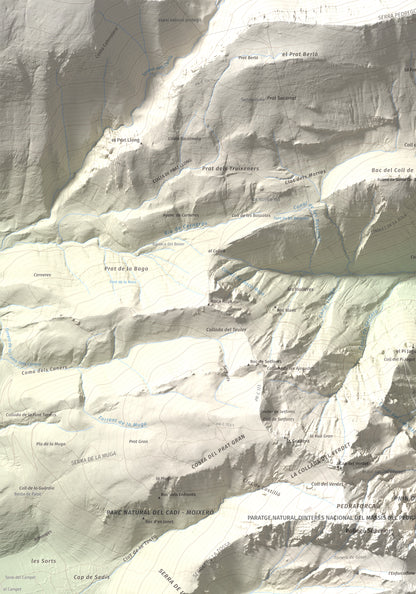 Mapa de relieve de Pollegó Inferior (Pedraforca), 2445 m, Berguedà, lámina 100 Cims de Trobart. Detalle de la zona superior izquierda. 70 × 100 cm.