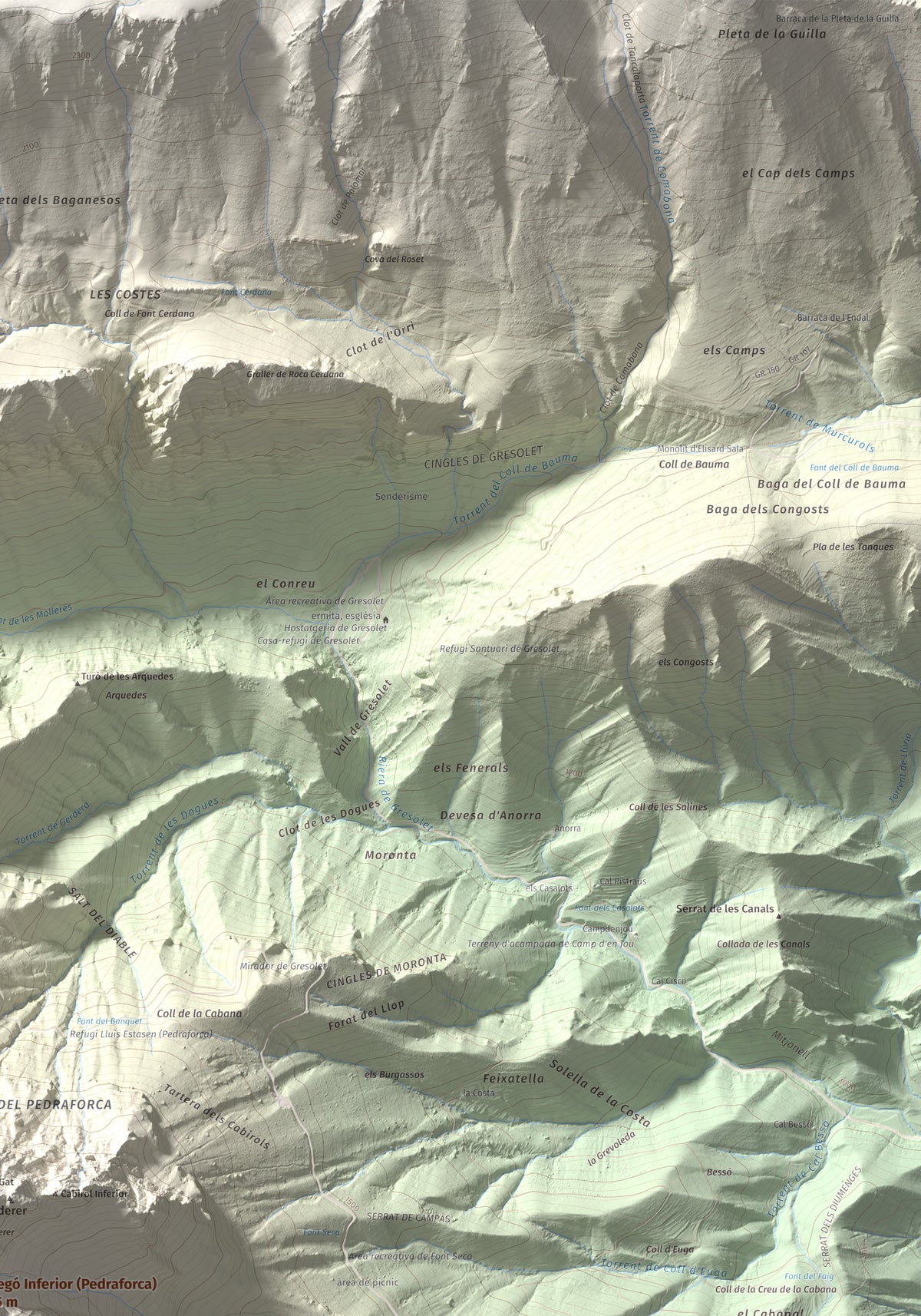 Mapa de relieve de Pollegó Inferior (Pedraforca), 2445 m, Berguedà, lámina 100 Cims de Trobart. Detalle de la zona superior derecha. 70 × 100 cm.