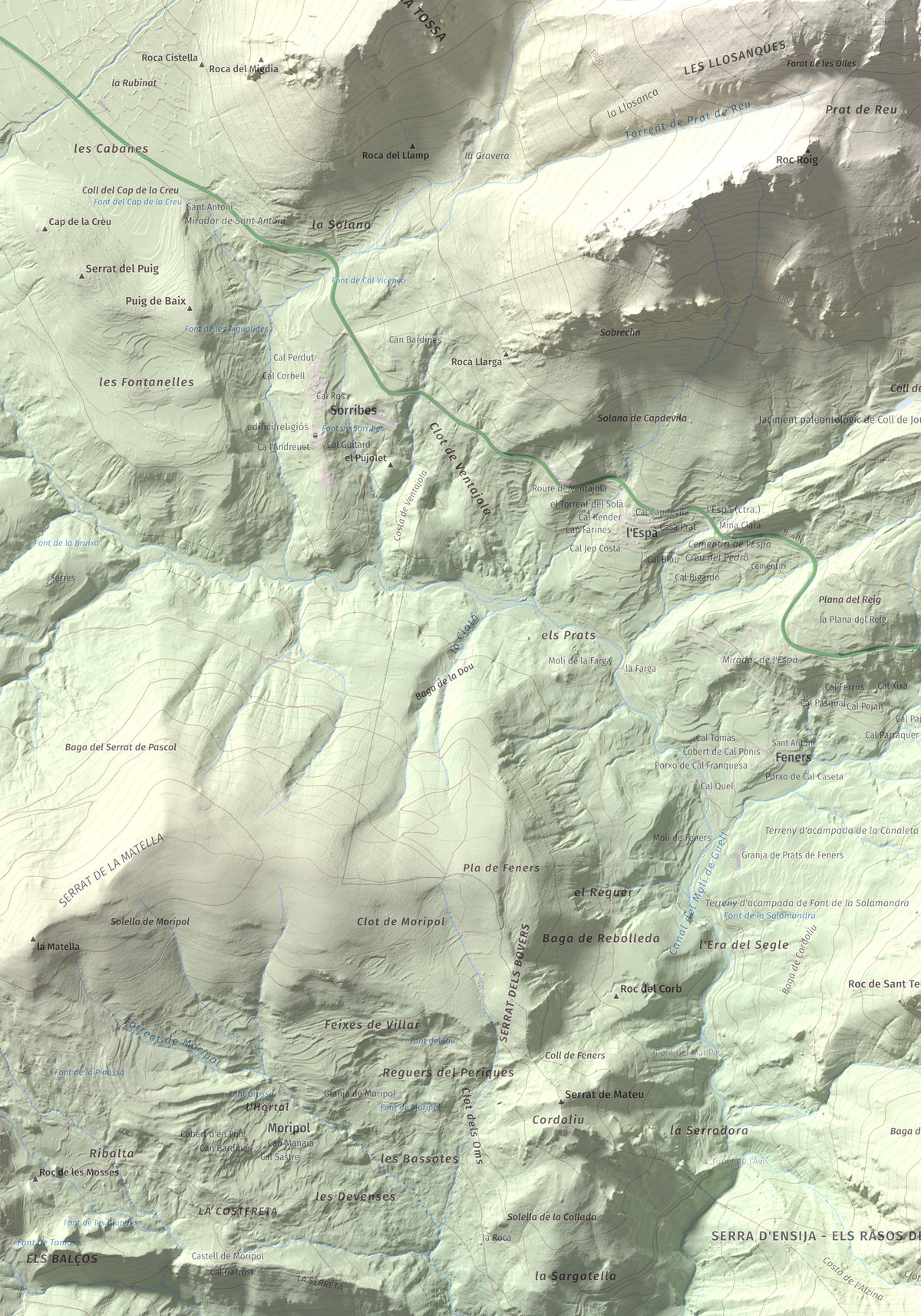 Mapa de relieve de Pollegó Inferior (Pedraforca), 2445 m, Berguedà, lámina 100 Cims de Trobart. Detalle de la zona inferior izquierda. 70 × 100 cm.