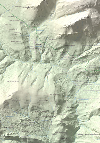 Mapa de relieve de Pollegó Inferior (Pedraforca), 2445 m, Berguedà, lámina 100 Cims de Trobart. Detalle de la zona inferior izquierda. 70 × 100 cm.