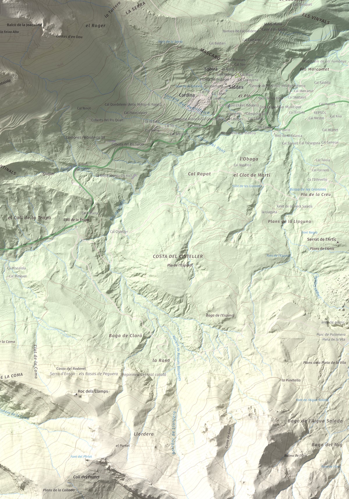 Mapa de relieve de Pollegó Inferior (Pedraforca), 2445 m, Berguedà, lámina 100 Cims de Trobart. Detalle de la zona inferior derecha. 70 × 100 cm.