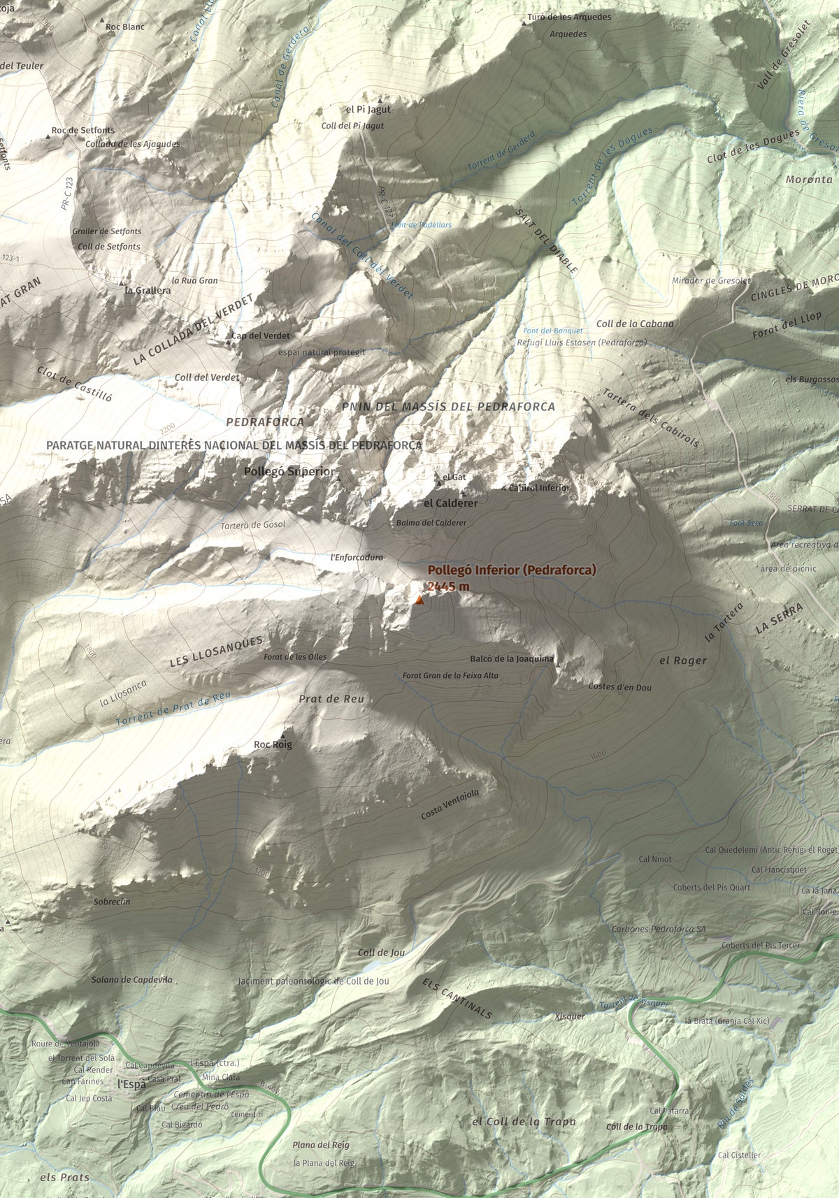 Mapa de relieve de Pollegó Inferior (Pedraforca), 2445 m, Berguedà, lámina 100 Cims de Trobart. Detalle de la zona central. 70 × 100 cm.