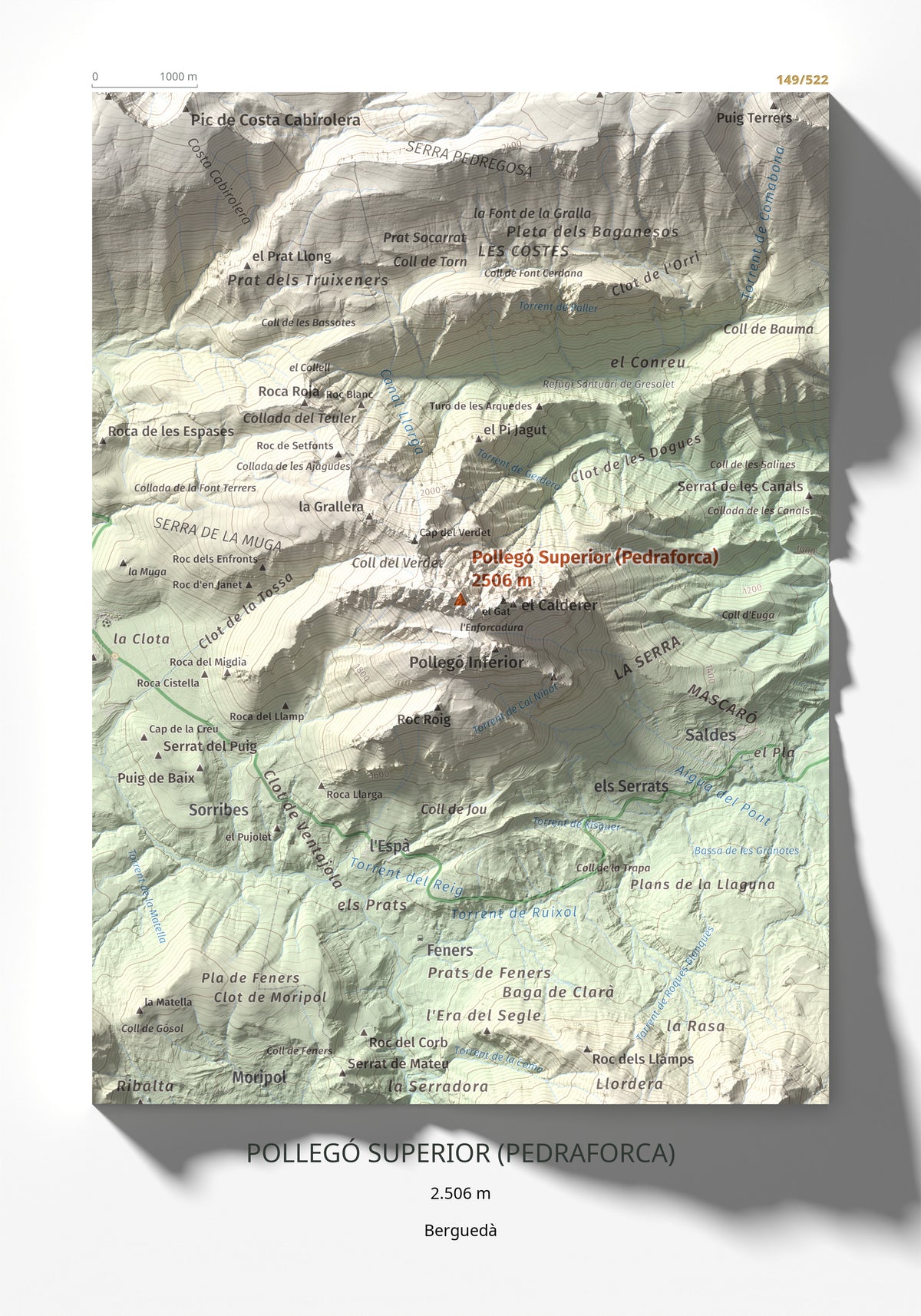 Mapa de relieve de Pollegó Superior (Pedraforca), 2506 m, Berguedà, lámina 100 Cims de Trobart 21 × 30 cm.