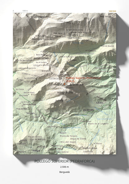 Mapa de relieve de Pollegó Superior (Pedraforca), 2506 m, Berguedà, lámina 100 Cims de Trobart 21 × 30 cm.