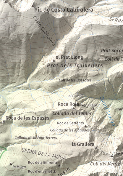 Mapa de relieve de Pollegó Superior (Pedraforca), 2506 m, Berguedà, lámina 100 Cims de Trobart. Detalle de la zona superior izquierda. 21 × 30 cm.
