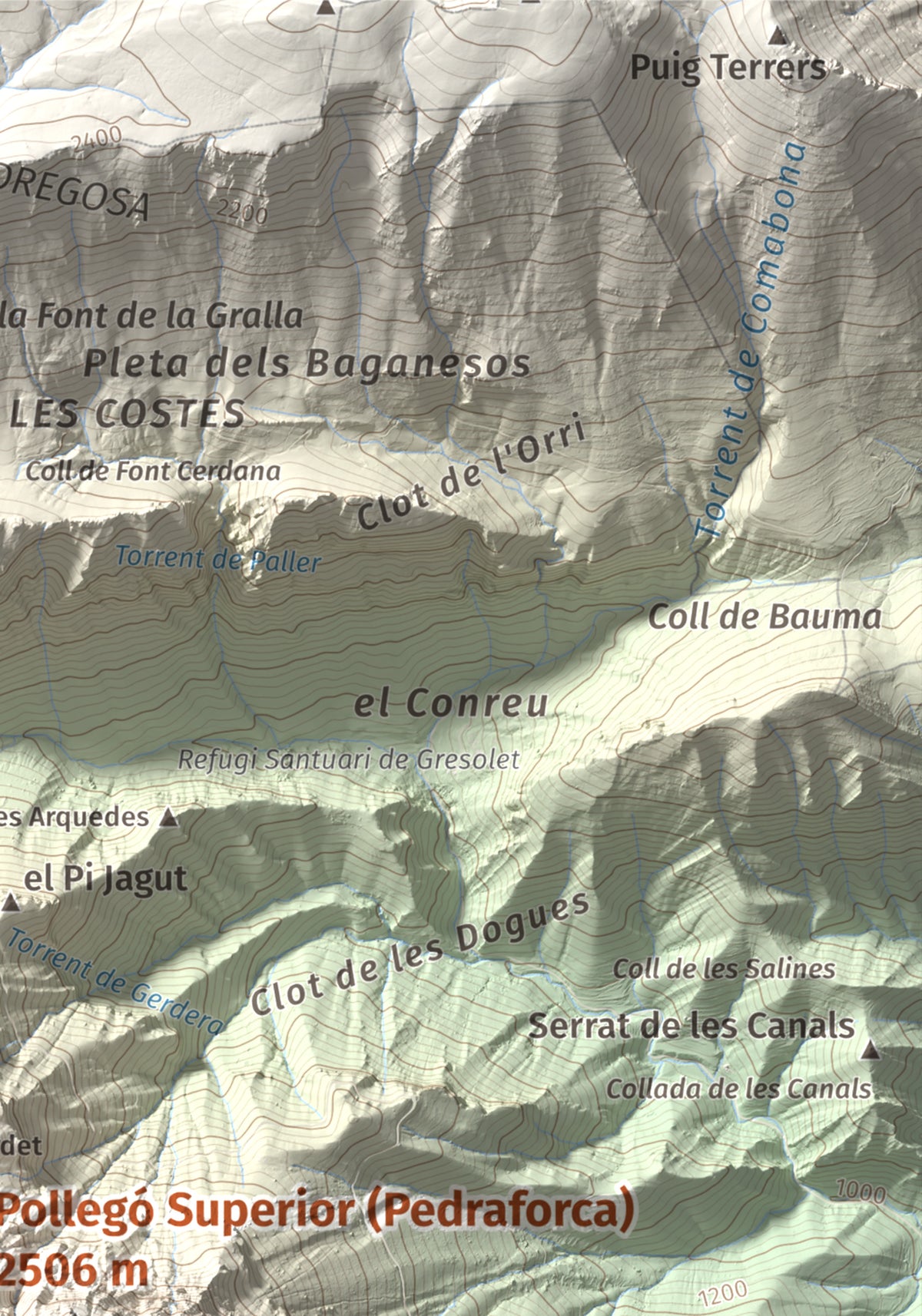 Mapa de relieve de Pollegó Superior (Pedraforca), 2506 m, Berguedà, lámina 100 Cims de Trobart. Detalle de la zona superior derecha. 21 × 30 cm.