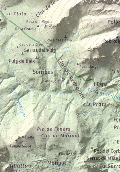 Mapa de relieve de Pollegó Superior (Pedraforca), 2506 m, Berguedà, lámina 100 Cims de Trobart. Detalle de la zona inferior izquierda. 21 × 30 cm.