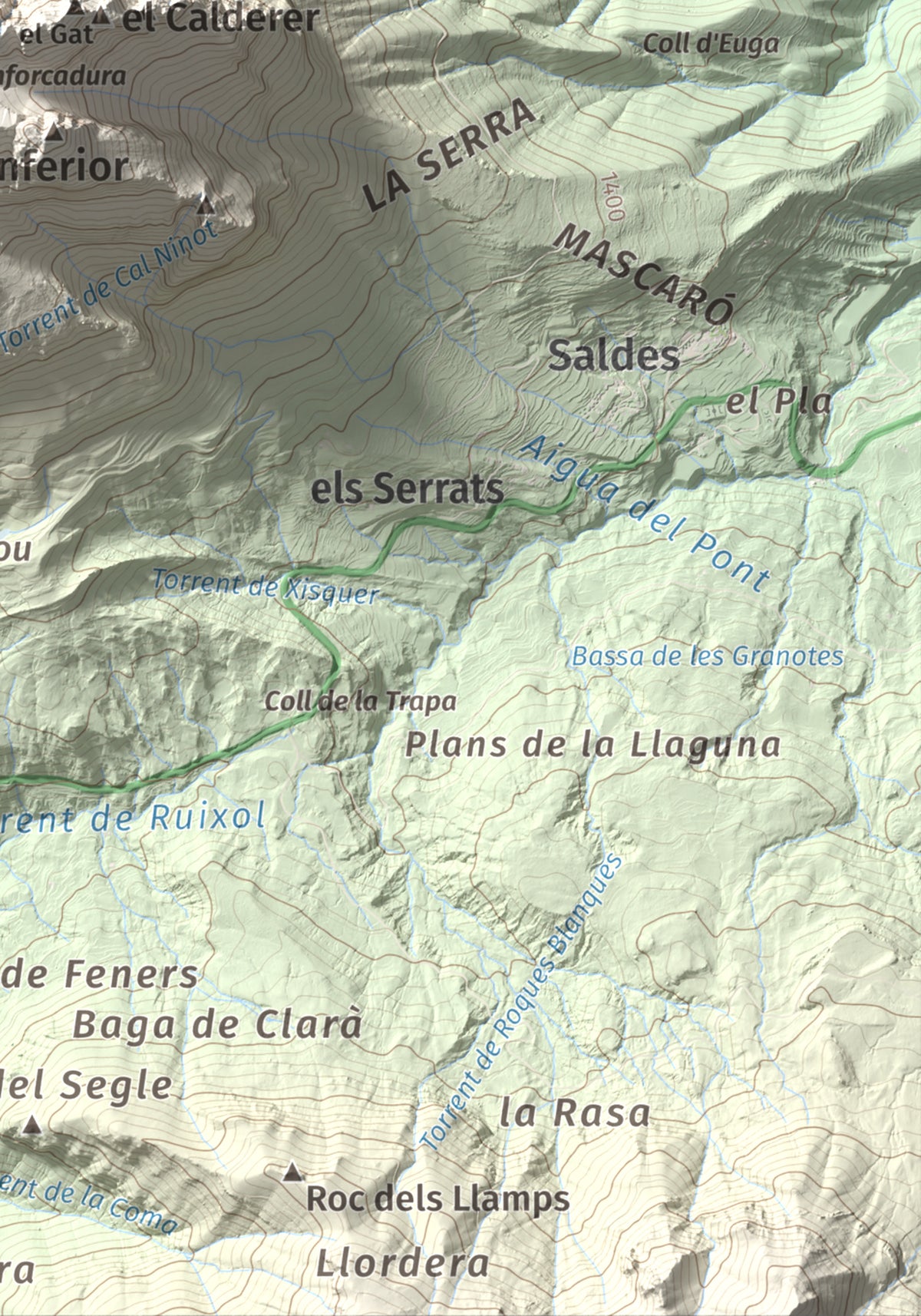 Mapa de relieve de Pollegó Superior (Pedraforca), 2506 m, Berguedà, lámina 100 Cims de Trobart. Detalle de la zona inferior derecha. 21 × 30 cm.