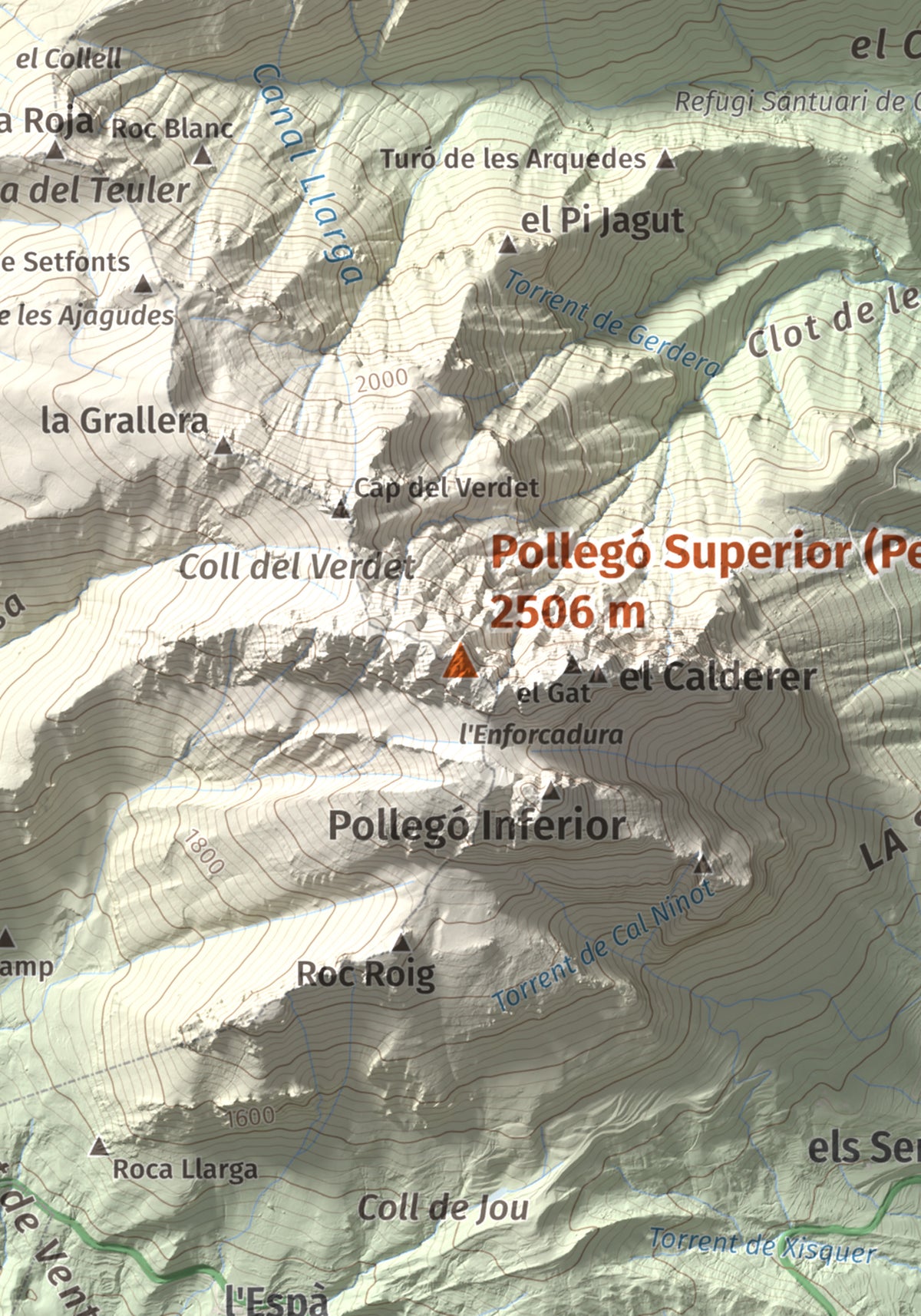 Mapa de relieve de Pollegó Superior (Pedraforca), 2506 m, Berguedà, lámina 100 Cims de Trobart. Detalle de la zona central. 21 × 30 cm.