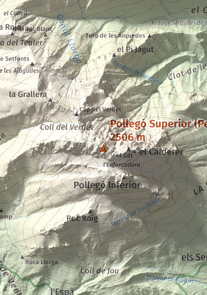 Mapa de relieve de Pollegó Superior (Pedraforca), 2506 m, Berguedà, lámina 100 Cims de Trobart. Detalle de la zona central. 21 × 30 cm.