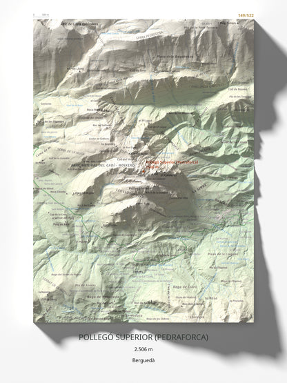 Mapa de relieve de Pollegó Superior (Pedraforca), 2506 m, Berguedà, lámina 100 Cims de Trobart 30 × 40 cm.