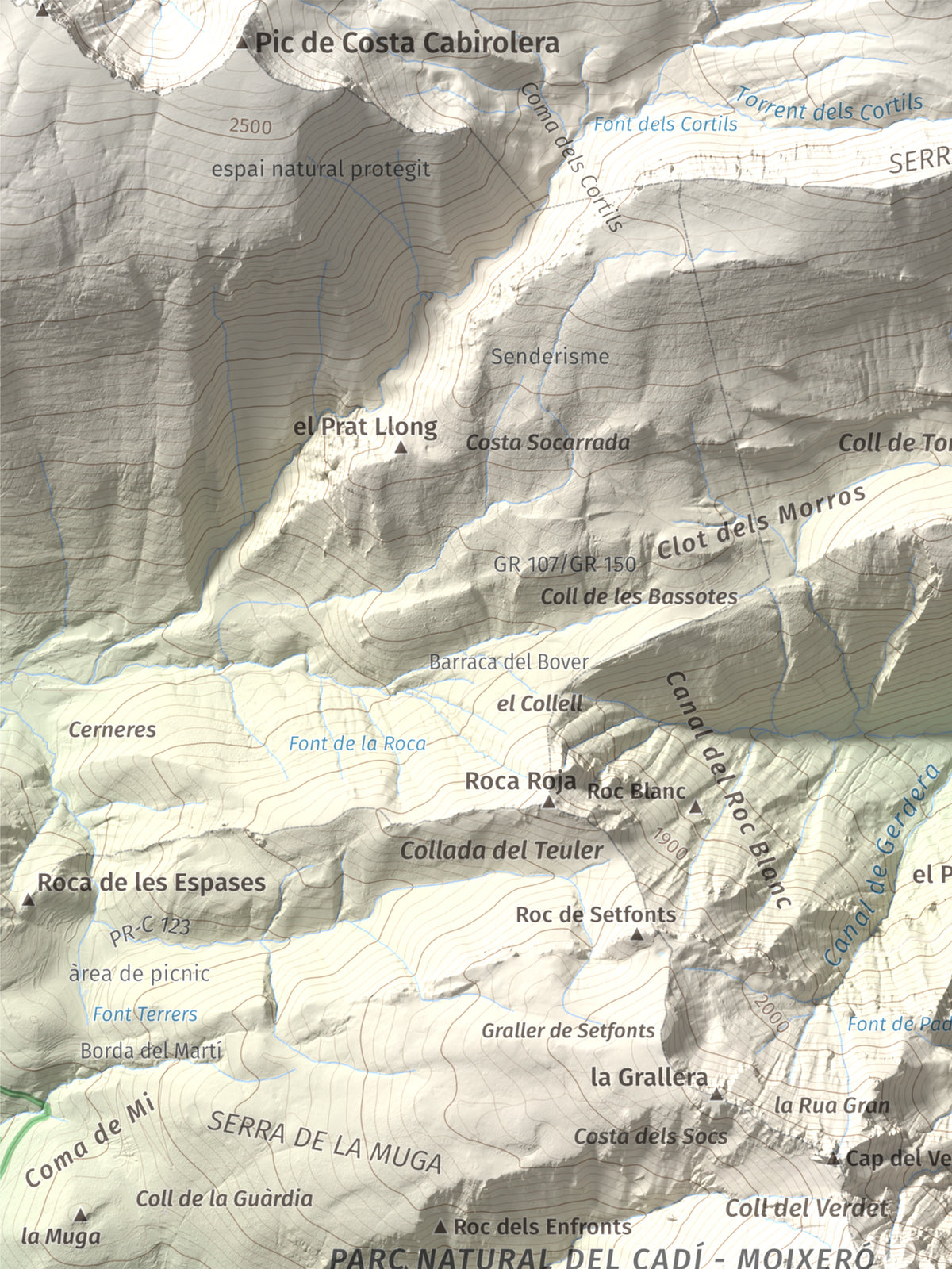 Mapa de relieve de Pollegó Superior (Pedraforca), 2506 m, Berguedà, lámina 100 Cims de Trobart. Detalle de la zona superior izquierda. 30 × 40 cm.