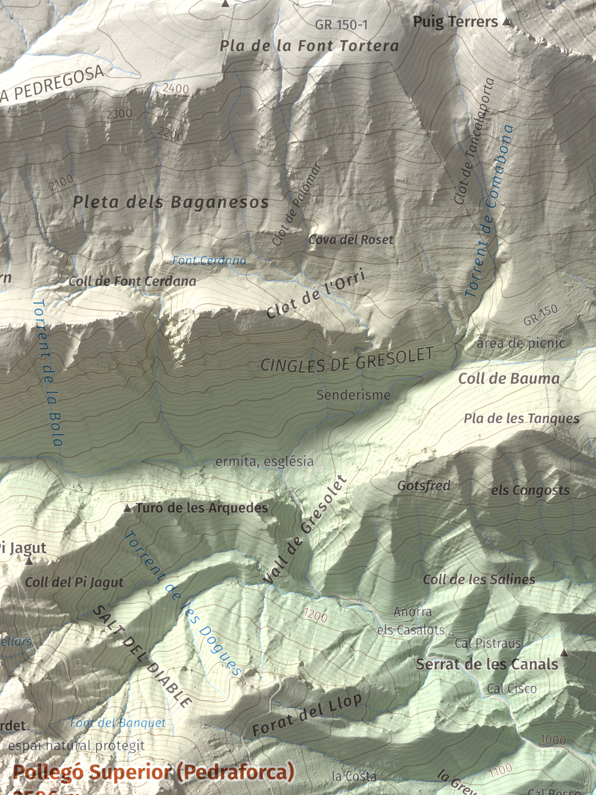 Mapa de relieve de Pollegó Superior (Pedraforca), 2506 m, Berguedà, lámina 100 Cims de Trobart. Detalle de la zona superior derecha. 30 × 40 cm.