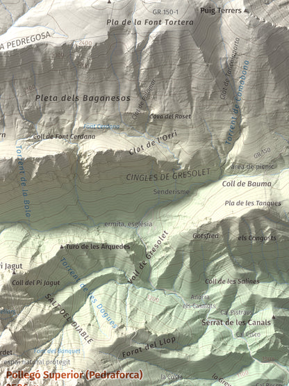 Mapa de relieve de Pollegó Superior (Pedraforca), 2506 m, Berguedà, lámina 100 Cims de Trobart. Detalle de la zona superior derecha. 30 × 40 cm.