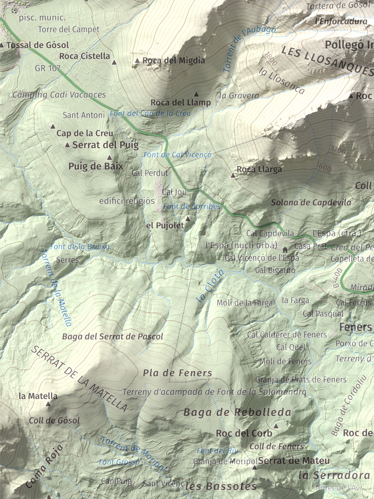 Mapa de relieve de Pollegó Superior (Pedraforca), 2506 m, Berguedà, lámina 100 Cims de Trobart. Detalle de la zona inferior izquierda. 30 × 40 cm.