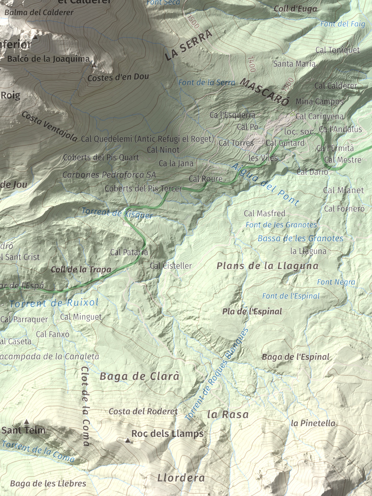 Mapa de relieve de Pollegó Superior (Pedraforca), 2506 m, Berguedà, lámina 100 Cims de Trobart. Detalle de la zona inferior derecha. 30 × 40 cm.