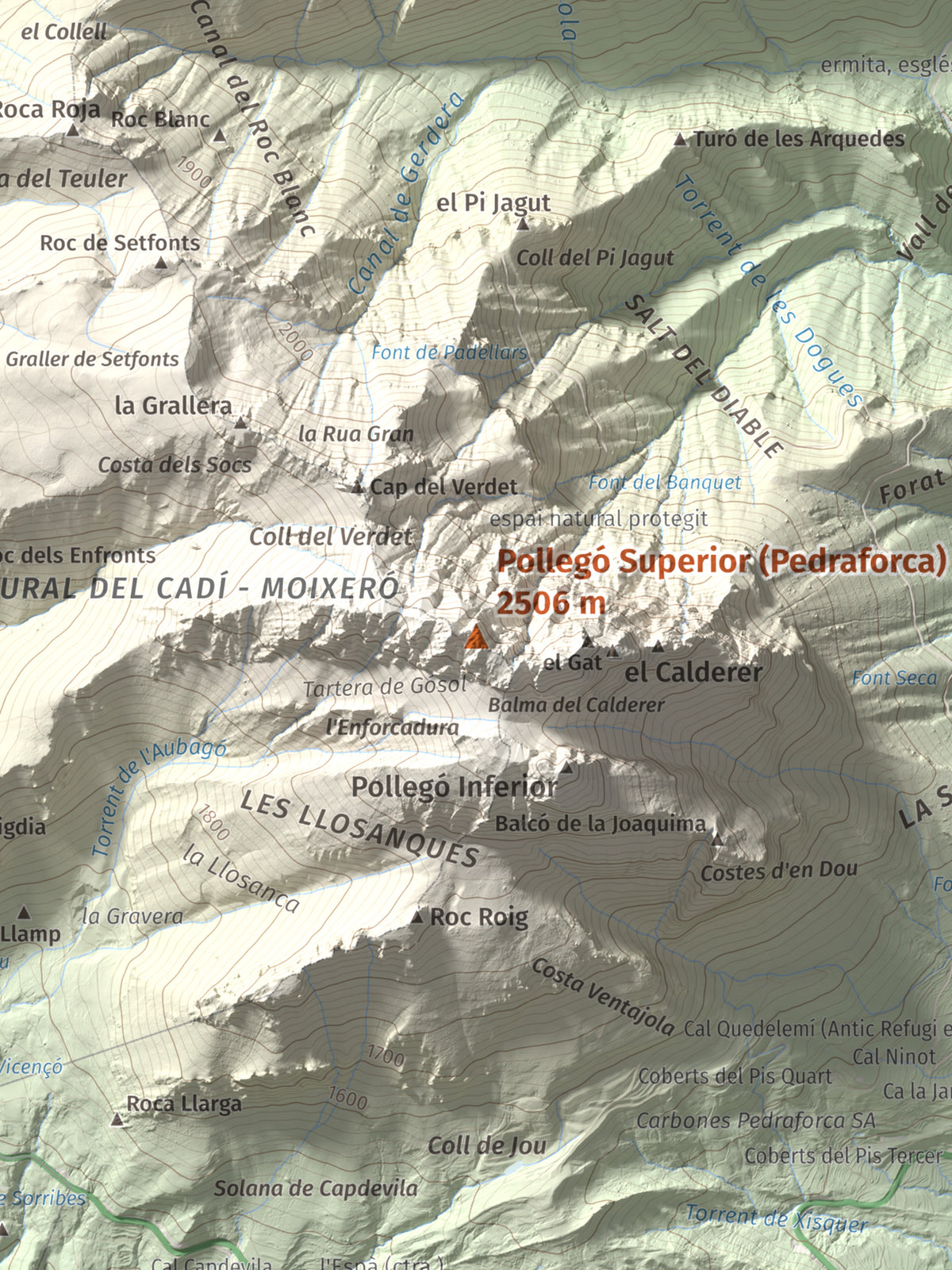 Mapa de relieve de Pollegó Superior (Pedraforca), 2506 m, Berguedà, lámina 100 Cims de Trobart. Detalle de la zona central. 30 × 40 cm.